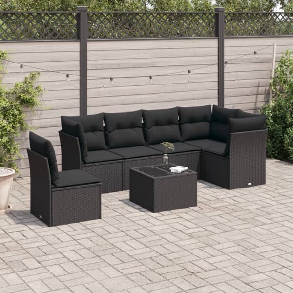 vidaXL sofasæt til haven 7 dele med hynder polyrattan sort