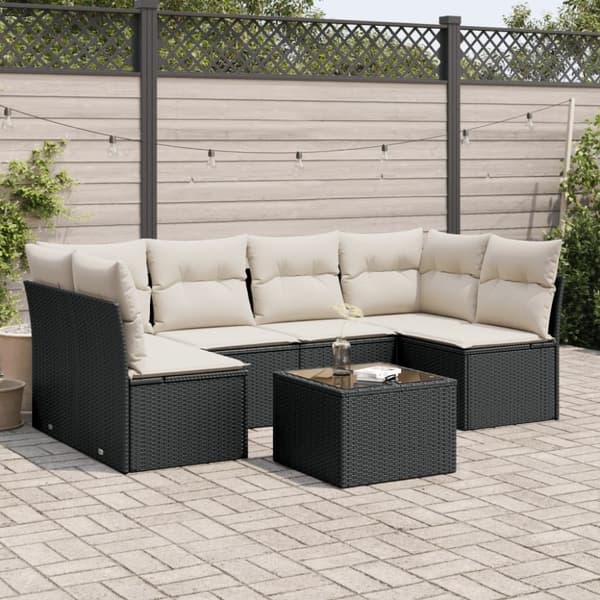vidaXL sofasæt til haven 7 dele med hynder polyrattan sort