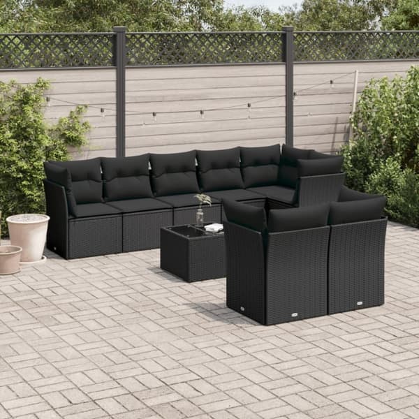 vidaXL sofasæt til haven 9 dele med hynder polyrattan sort