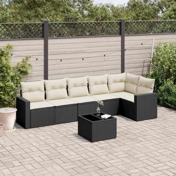 vidaXL sofasæt til haven 7 dele med hynder polyrattan sort