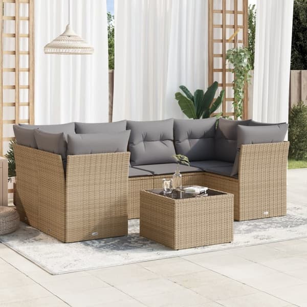 vidaXL sofasæt til haven 7 dele med hynder polyrattan beige