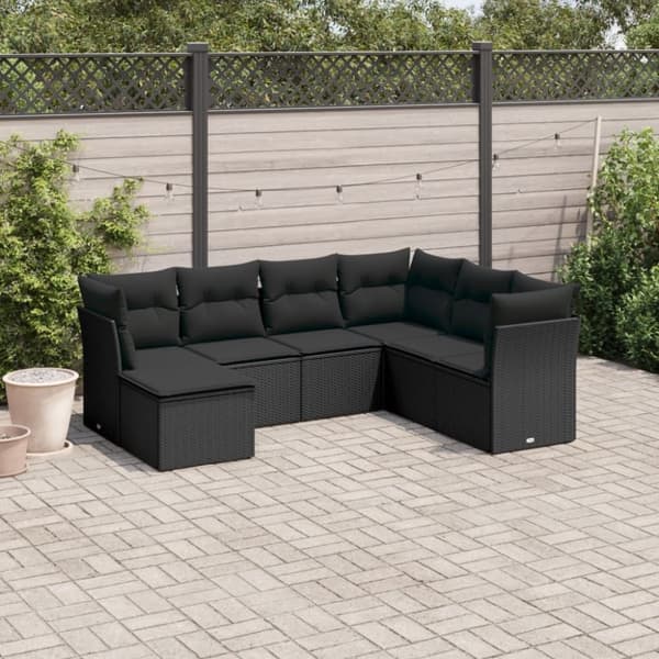 vidaXL sofasæt til haven 7 dele med hynder polyrattan sort