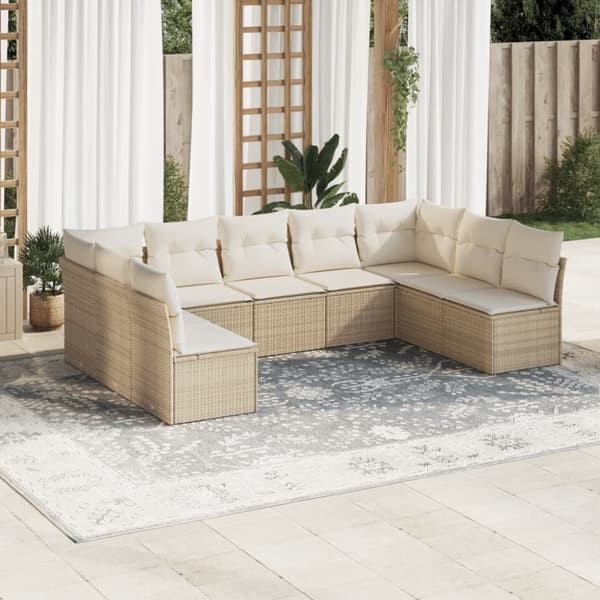 vidaXL Soffgrupp för trädgården med dynor 9 delar beige konstrotting