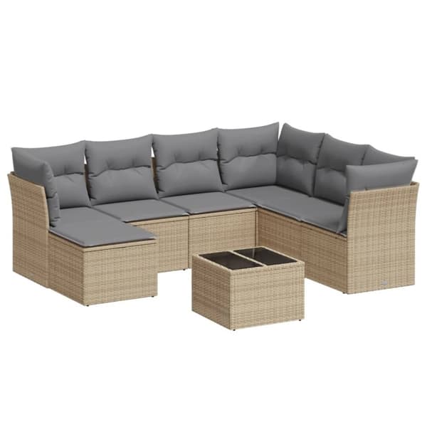 vidaXL Matgrupp för trädgården med dynor 8 delar beige konstrotting