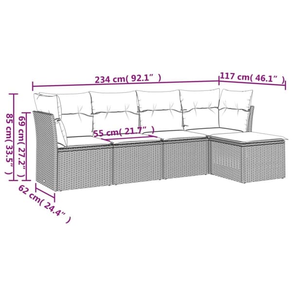 vidaXL sofasæt 5 dele med hynder polyrattan grå
