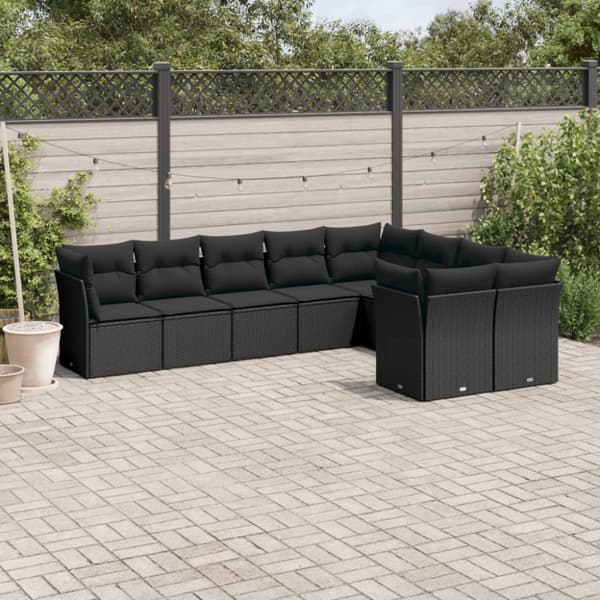 vidaXL sofasæt til haven 9 dele med hynder polyrattan sort