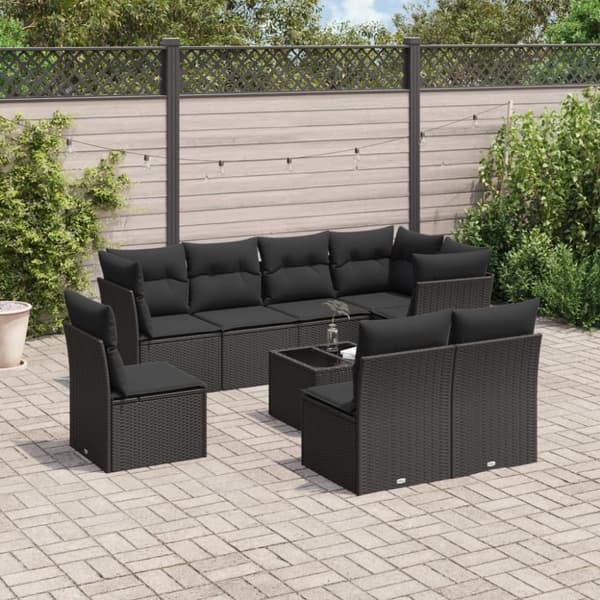 vidaXL sofasæt til haven 9 dele med hynder polyrattan sort