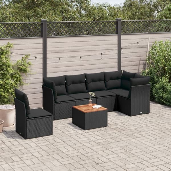 vidaXL sofasæt til haven 7 dele med hynder polyrattan sort