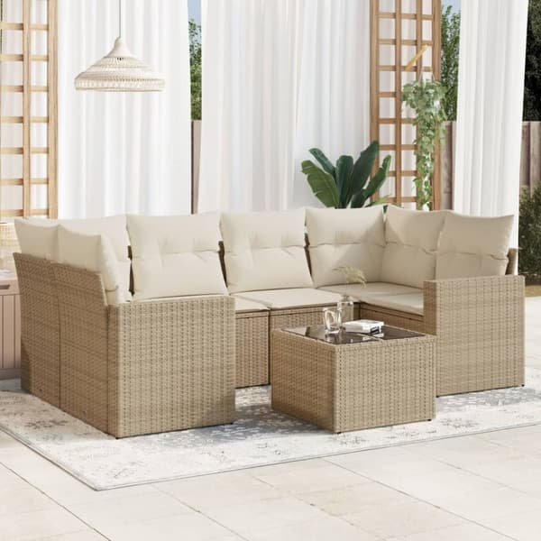 vidaXL sofasæt til haven 7 dele med hynder polyrattan beige
