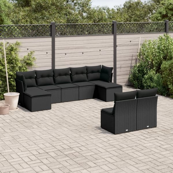 vidaXL sofasæt til haven 9 dele med hynder polyrattan sort