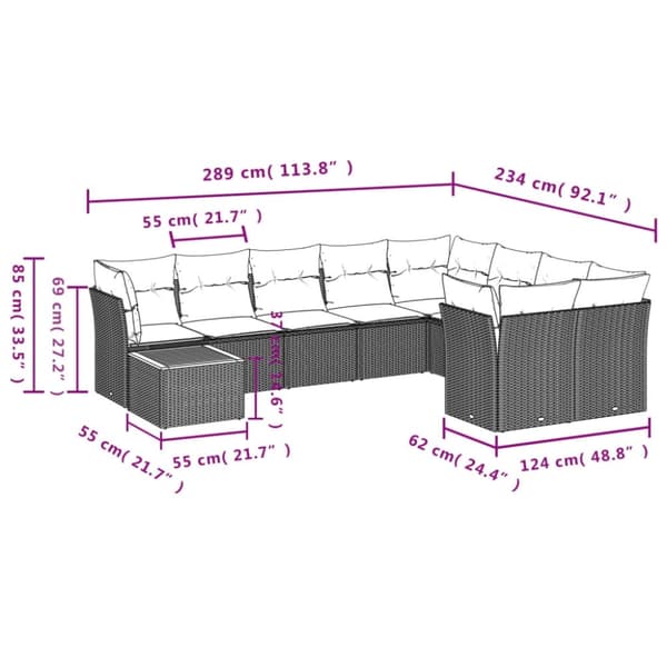 vidaXL sofasæt til haven 10 dele med hynder polyrattan sort