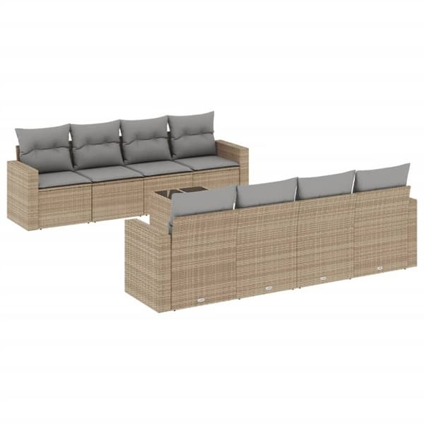 vidaXL Soffgrupp för trädgården med dynor 9 delar beige konstrotting