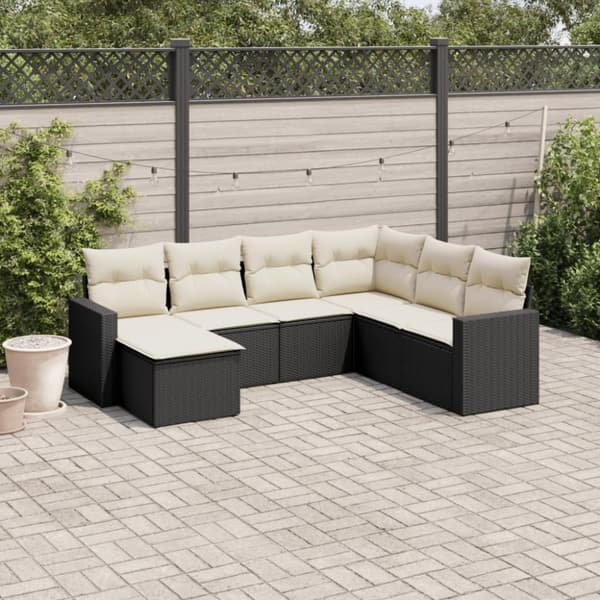 vidaXL sofasæt til haven 7 dele med hynder polyrattan sort
