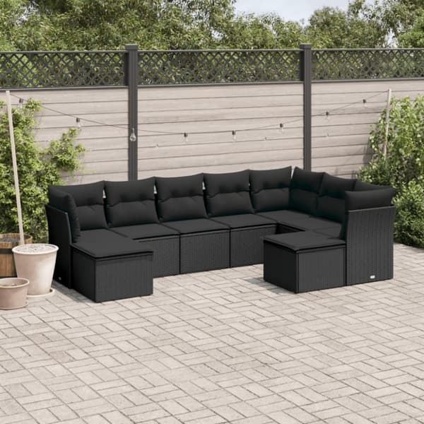 vidaXL sofasæt til haven 9 dele med hynder polyrattan sort