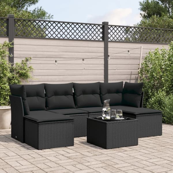 vidaXL sofasæt til haven 7 dele med hynder polyrattan sort