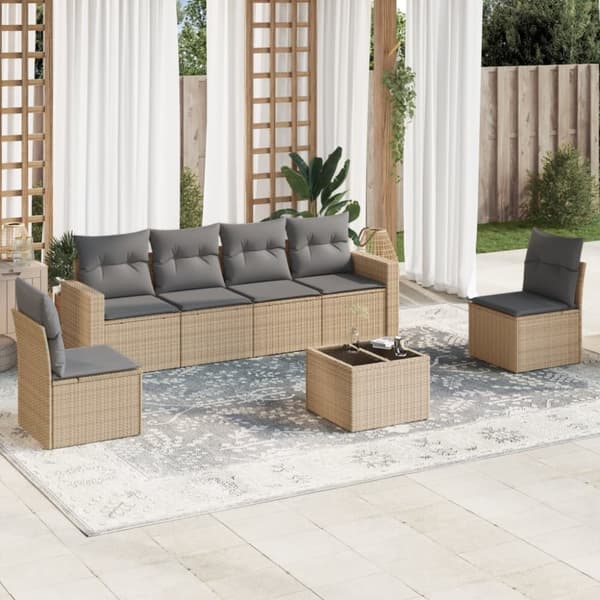 vidaXL sofasæt til haven 7 dele med hynder polyrattan beige