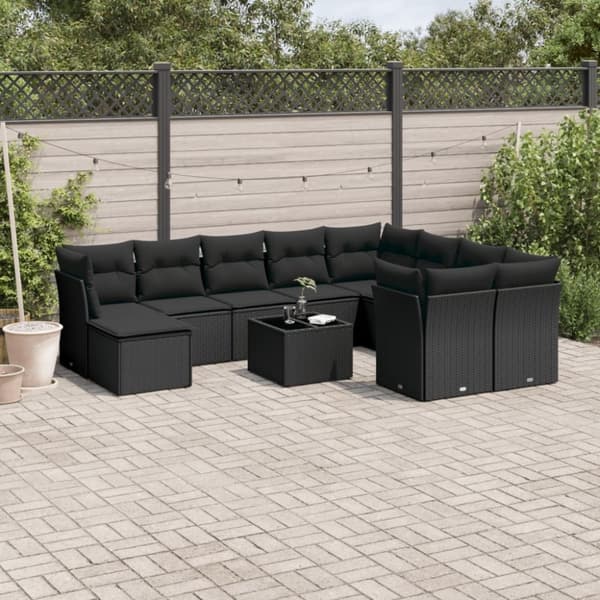 vidaXL sofasæt til haven 10 dele med hynder polyrattan sort