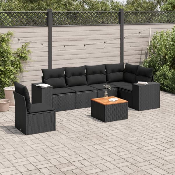 vidaXL sofasæt til haven 7 dele med hynder polyrattan sort