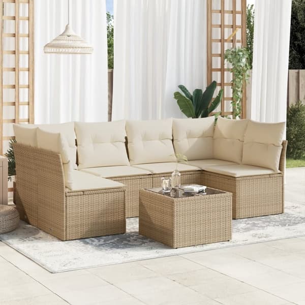 vidaXL Matgrupp för trädgården med dynor 7 delar beige konstrotting