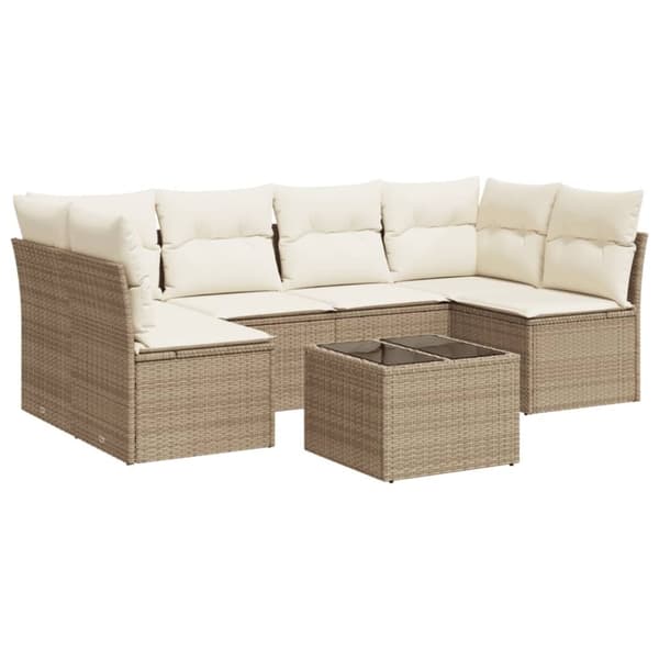 vidaXL Matgrupp för trädgården med dynor 7 delar beige konstrotting