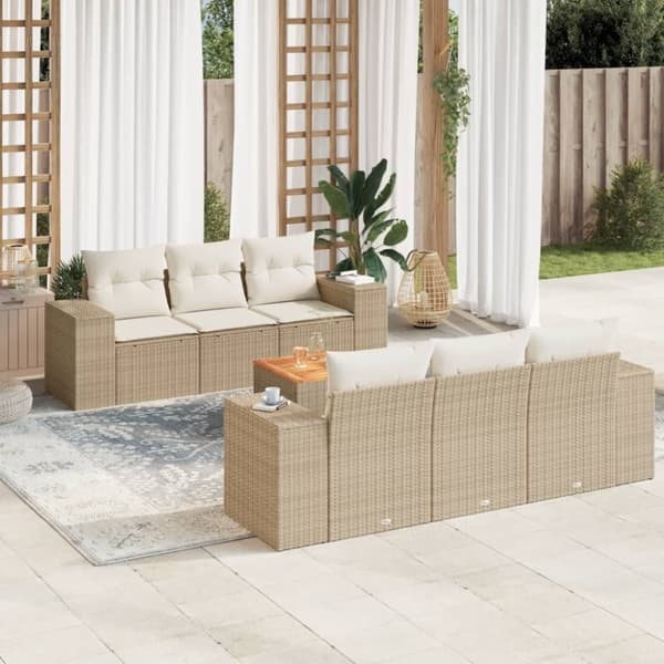 vidaXL Matgrupp för trädgården med dynor 7 delar beige konstrotting
