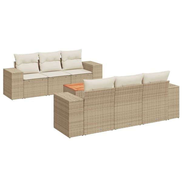 vidaXL Matgrupp för trädgården med dynor 7 delar beige konstrotting