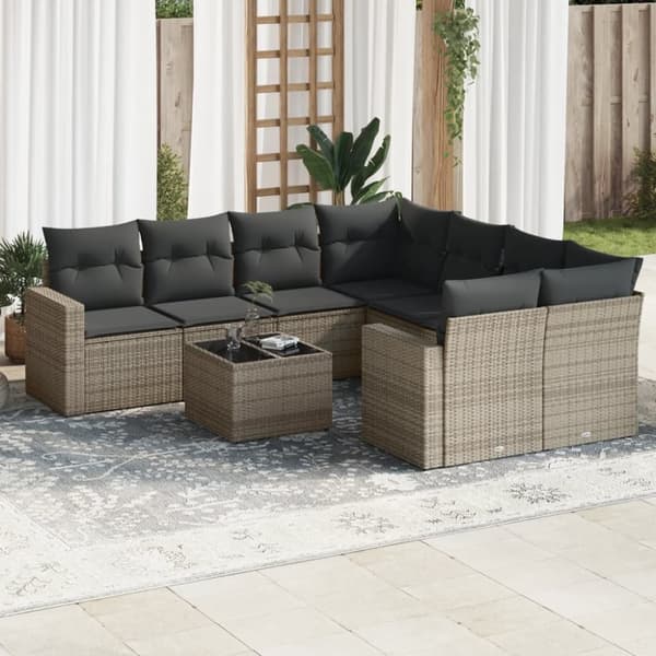 vidaXL sofasæt til haven 9 dele med hynder polyrattan grå