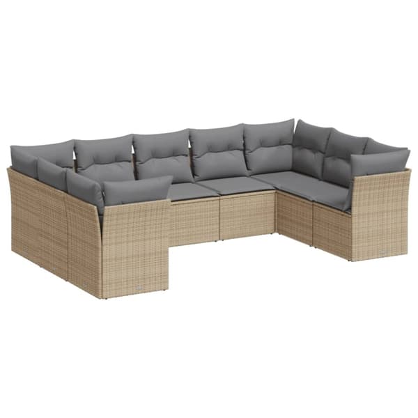 vidaXL Soffgrupp för trädgården med dynor 9 delar beige konstrotting