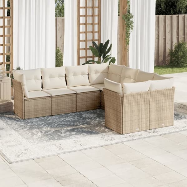 vidaXL Matgrupp för trädgården med dynor 8 delar beige konstrotting