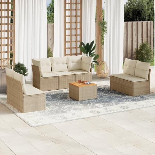 vidaXL Matgrupp för trädgården med dynor 8 delar beige konstrotting
