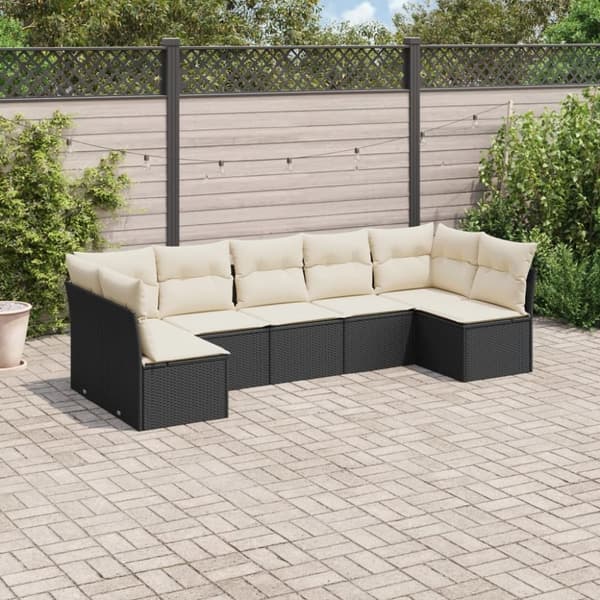 vidaXL sofasæt til haven 7 dele med hynder polyrattan sort