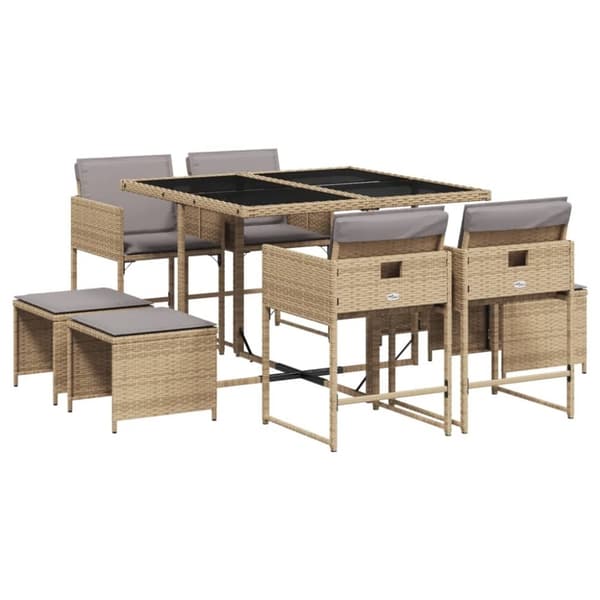 vidaXL Matgrupp för trädgården med dynor 9 delar mixbeige konstrotting