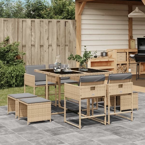 vidaXL Matgrupp för trädgården med dynor 9 delar mixbeige konstrotting