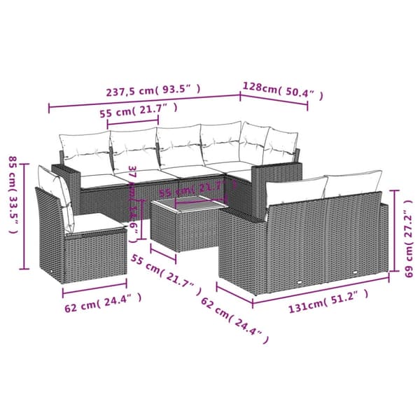 vidaXL sofasæt til haven 9 dele med hynder polyrattan beige