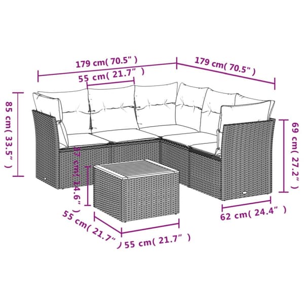 vidaXL sofasæt til haven 6 dele med hynder polyrattan grå