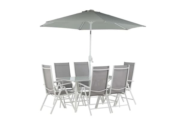 Brekki hagesett bord 90x150cm hvit, 6 stoler hvit.