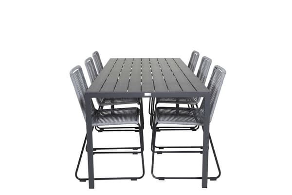 Break hagesett bord 90x205cm svart, 6 stoler Lindos grå.