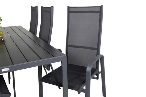 Break hagesett bord 90x205cm svart, 6 stoler Copacabana svart.