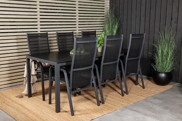 Break hagesett bord 90x205cm svart, 6 stoler Copacabana svart.