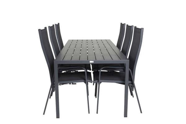 Break hagesett bord 90x205cm svart, 6 stoler Copacabana svart.