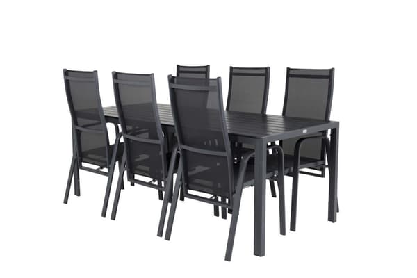 Break hagesett bord 90x205cm svart, 6 stoler Copacabana svart.