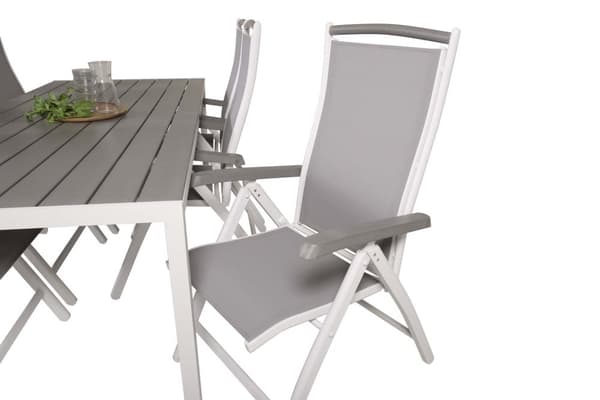 Break hagesett bord 90x205cm grå, 6 stoler Albany grå.