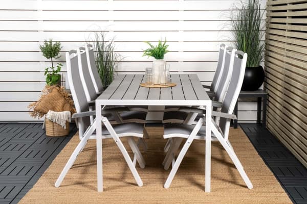 Break hagesett bord 90x205cm grå, 6 stoler Albany grå.