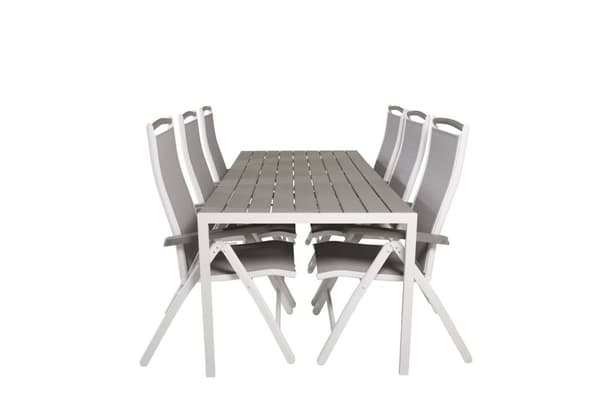 Break hagesett bord 90x205cm grå, 6 stoler Albany grå.
