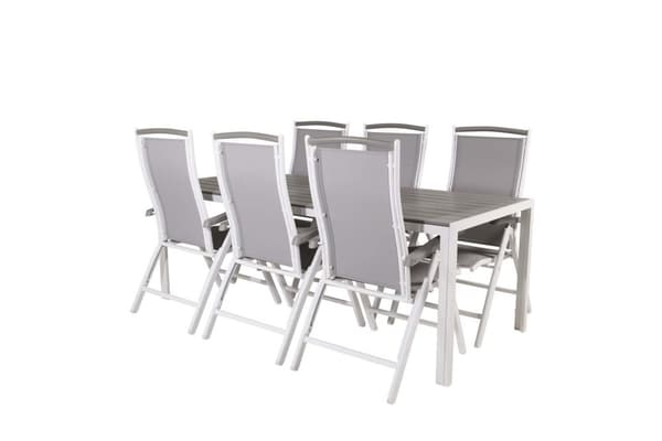Break hagesett bord 90x205cm grå, 6 stoler Albany grå.