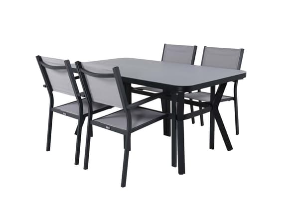 Virya hagesett bord 90x160cm svart, 4 stoler Copacabana grå.