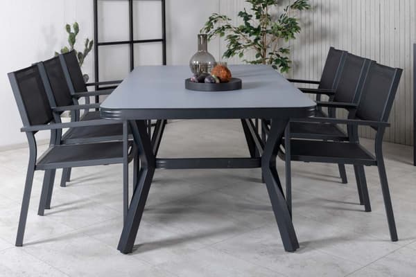 Virya hagesett bord 100x200cm svart, 6 stoler Copacabana svart.