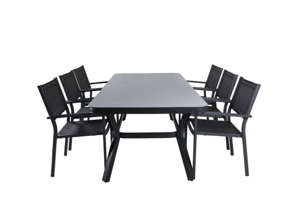 Virya hagesett bord 100x200cm svart, 6 stoler Copacabana svart.