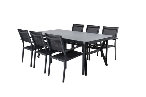Virya hagesett bord 100x200cm svart, 6 stoler Copacabana svart.