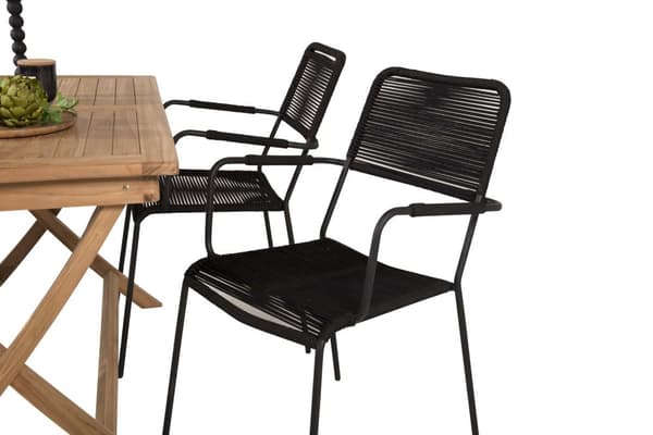 Kenya hagesett bord 70x120cm natur, 4 stoler Lindos svart.